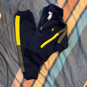 Ralph Lauren Navy Pullover & Jogger Set with Yellow and Olive Stripes
